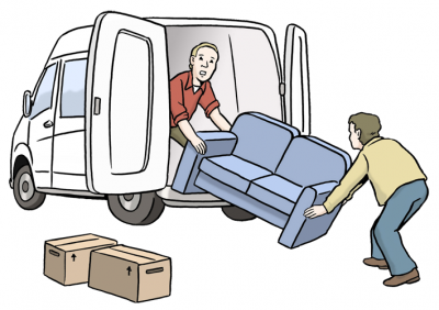 Umzug: Zwei Personen heben ein Möbelstück in einen Transporter.
